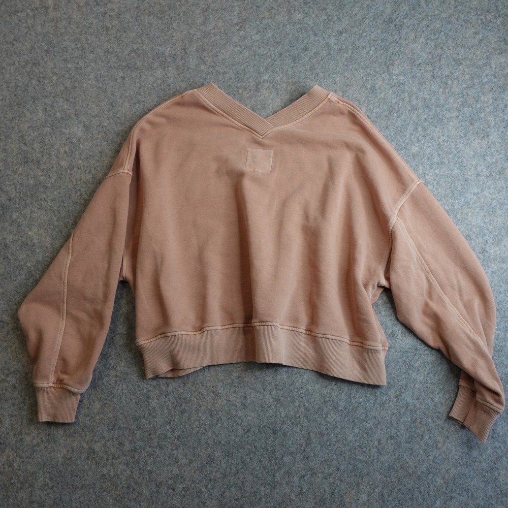 Aerie Oversized V-Neck Sweatshirt Womens L Terracotta Tan Ribbed Trim Slouchy - Picture 2 of 10